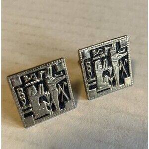 Vintage Men’s 1 Inch Square Egyptian Hieroglyphics Black Silver Tone Cuff Links